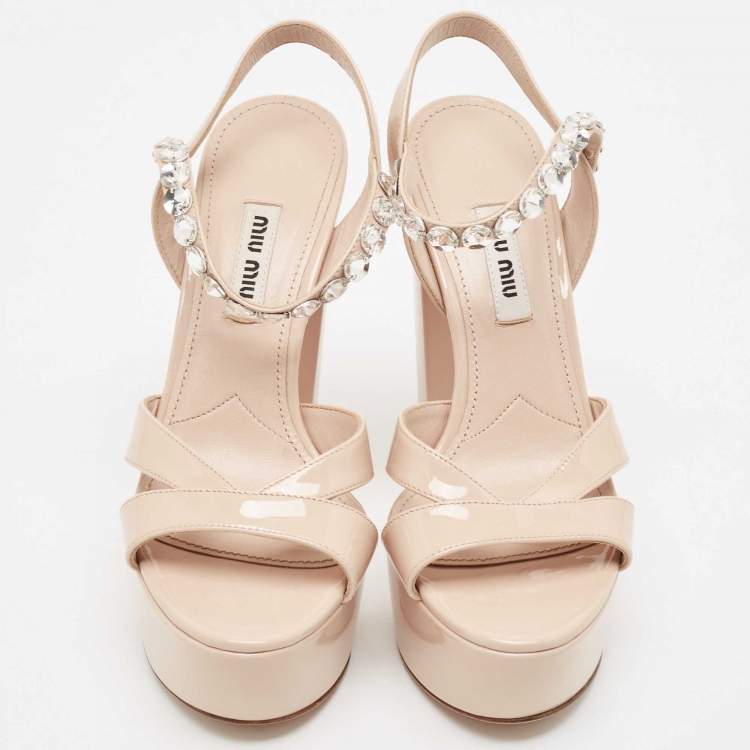 Pre Owned Miu Miu Beige Patent Leather Crystal Embellished Ankle Strap Sandals Size 35.5