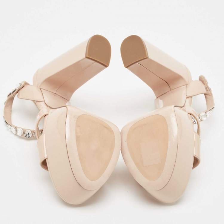 Pre Owned Miu Miu Beige Patent Leather Crystal Embellished Ankle Strap Sandals Size 35.5