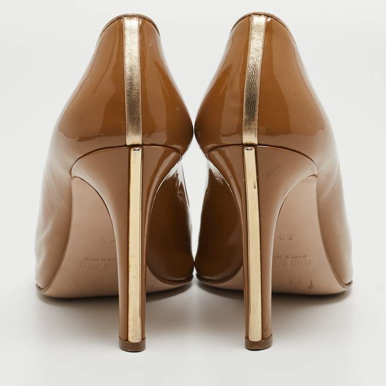 Pre Owned Miu Miu Brown Patent Leather Open Toe Pumps Size 39