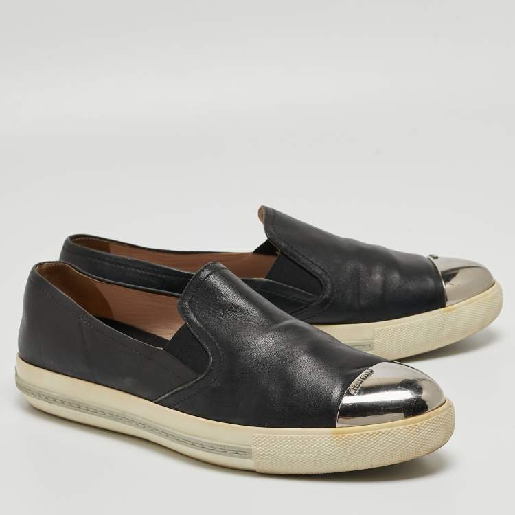 Pre Owned Miu Miu Black Leather Slip On Sneakers Size 41
