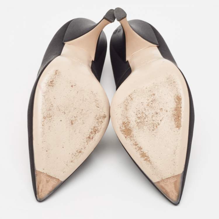 Pre Owned Miu Miu Black Satin Ankle Wrap Pumps Size 38.5