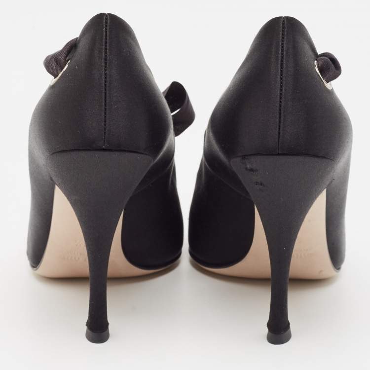 Pre Owned Miu Miu Black Satin Ankle Wrap Pumps Size 38.5