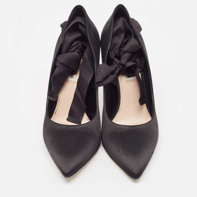 Pre Owned Miu Miu Black Satin Ankle Wrap Pumps Size 38.5