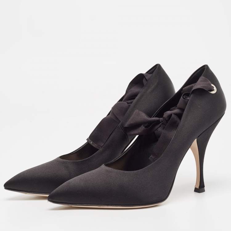 Pre Owned Miu Miu Black Satin Ankle Wrap Pumps Size 38.5