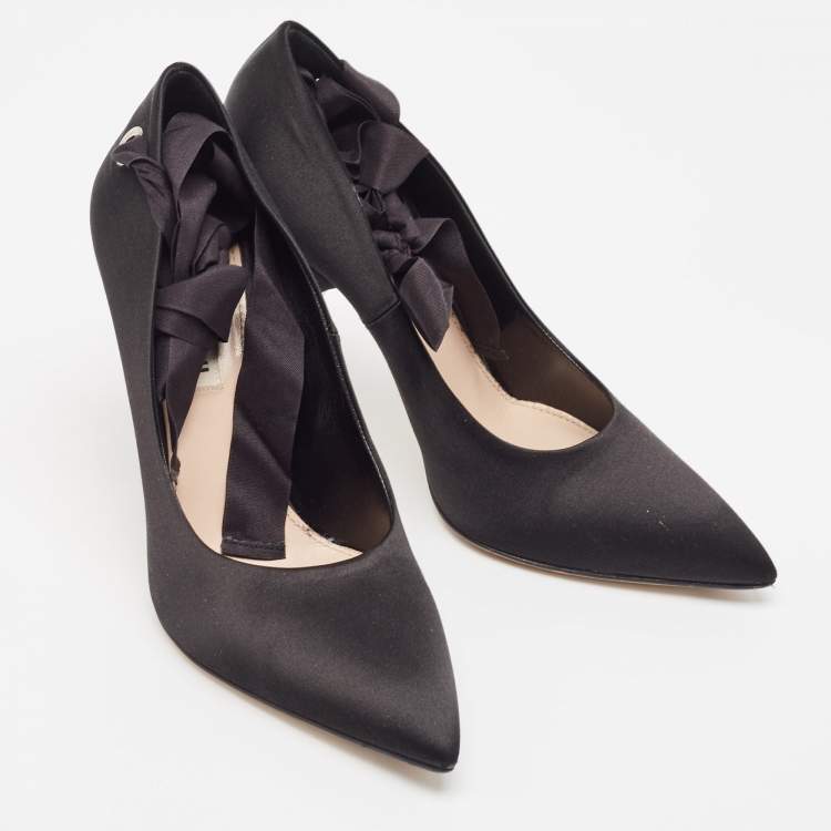 Pre Owned Miu Miu Black Satin Ankle Wrap Pumps Size 38.5