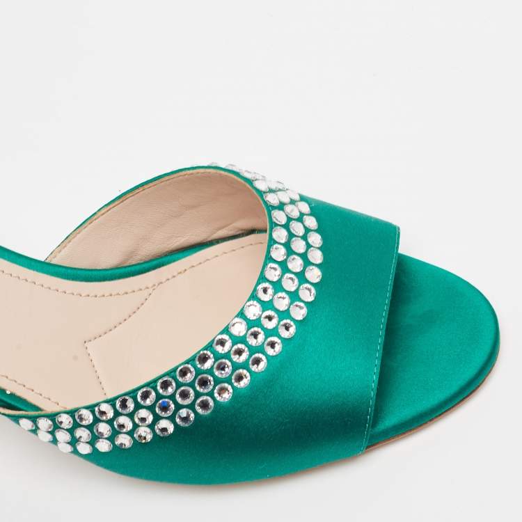 Pre Owned Miu Miu Green Satin Crystals Embellished Slide Sandals Size 38
