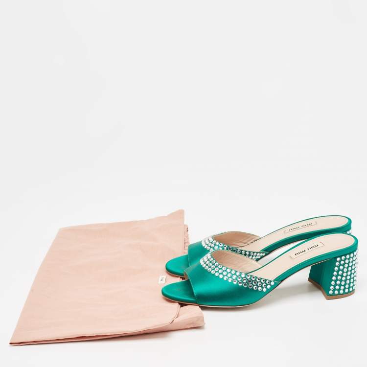 Pre Owned Miu Miu Green Satin Crystals Embellished Slide Sandals Size 38