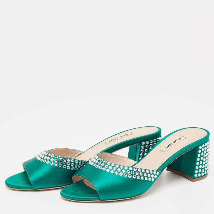 Pre Owned Miu Miu Green Satin Crystals Embellished Slide Sandals Size 38