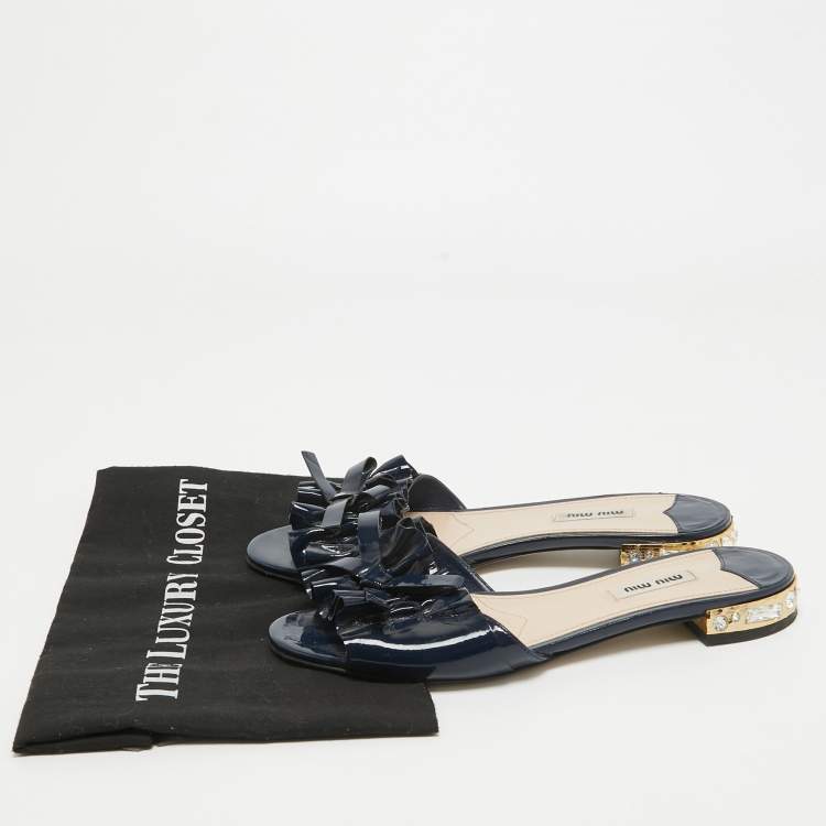 Pre Owned Miu Miu Navy Blue Patent Leather Flat Slides Size 39  