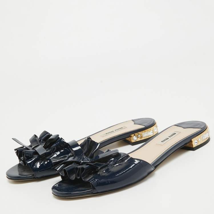 Pre Owned Miu Miu Navy Blue Patent Leather Flat Slides Size 39  