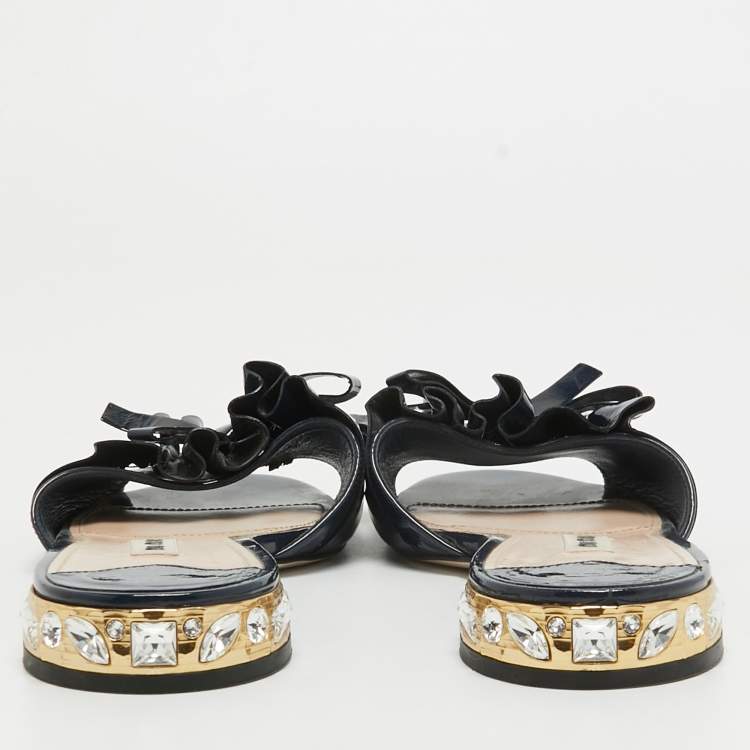 Pre Owned Miu Miu Navy Blue Patent Leather Flat Slides Size 39  