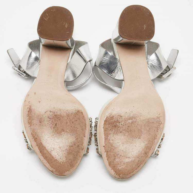 Pre Owned Miu Miu White/Silver Leather Ankle Wrap Sandals Size 39