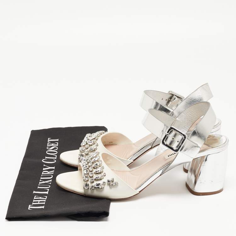 Pre Owned Miu Miu White/Silver Leather Ankle Wrap Sandals Size 39