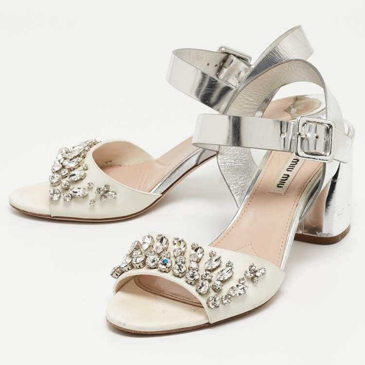 Pre Owned Miu Miu White/Silver Leather Ankle Wrap Sandals Size 39