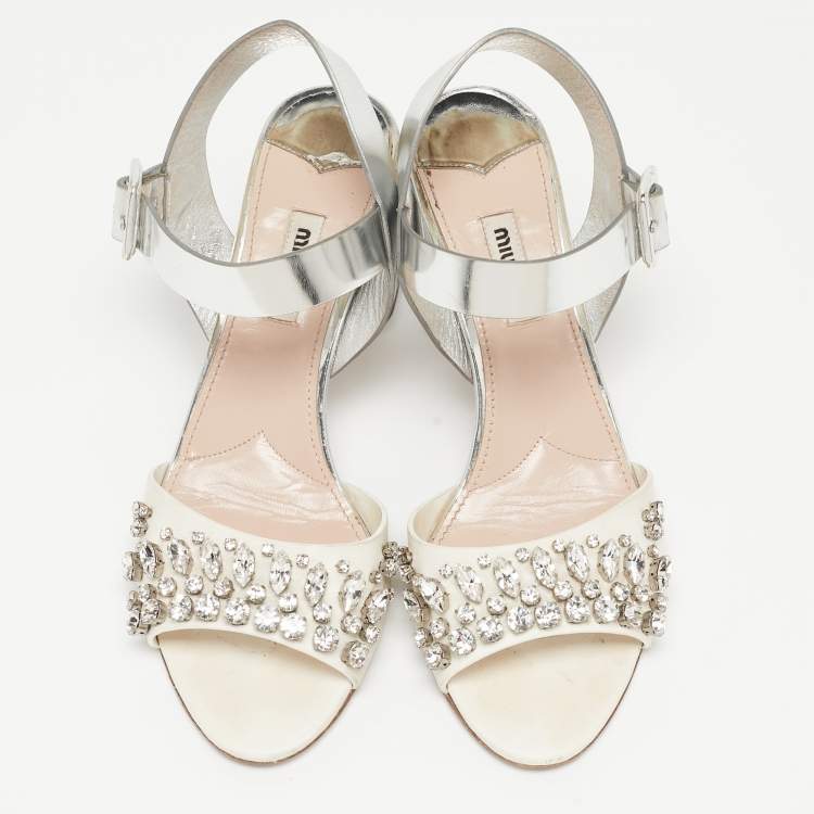 Pre Owned Miu Miu White/Silver Leather Ankle Wrap Sandals Size 39