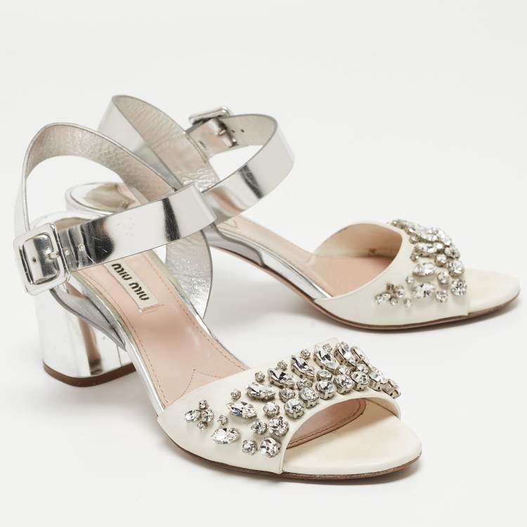 Pre Owned Miu Miu White/Silver Leather Ankle Wrap Sandals Size 39