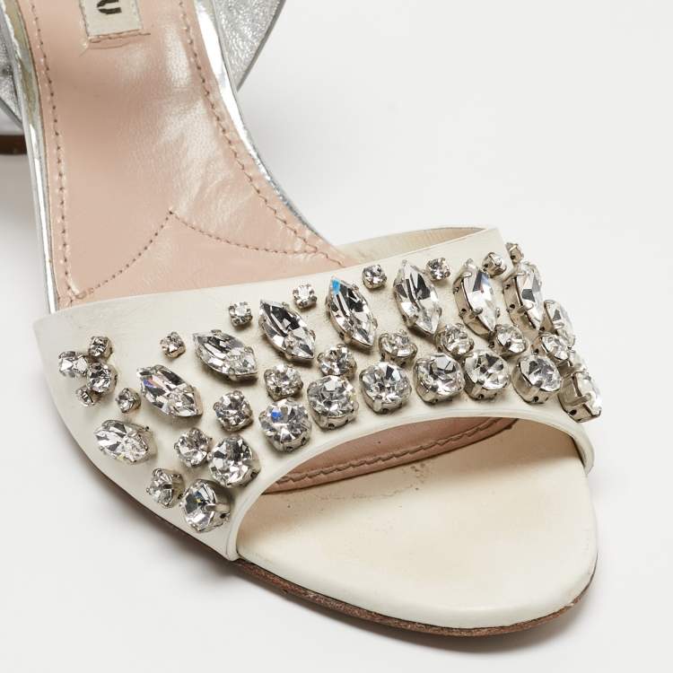 Pre Owned Miu Miu White/Silver Leather Ankle Wrap Sandals Size 39