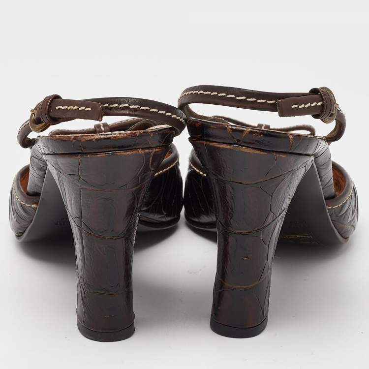 Pre Owned Miu Miu Dark Brown Croc Embossed Leather Bow Slingback Sandals 39