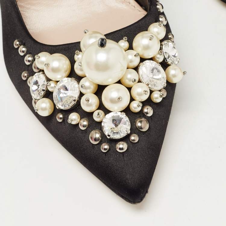 Pre Owned Miu Miu Black Satin Crystal Embellished Pumps Size 37