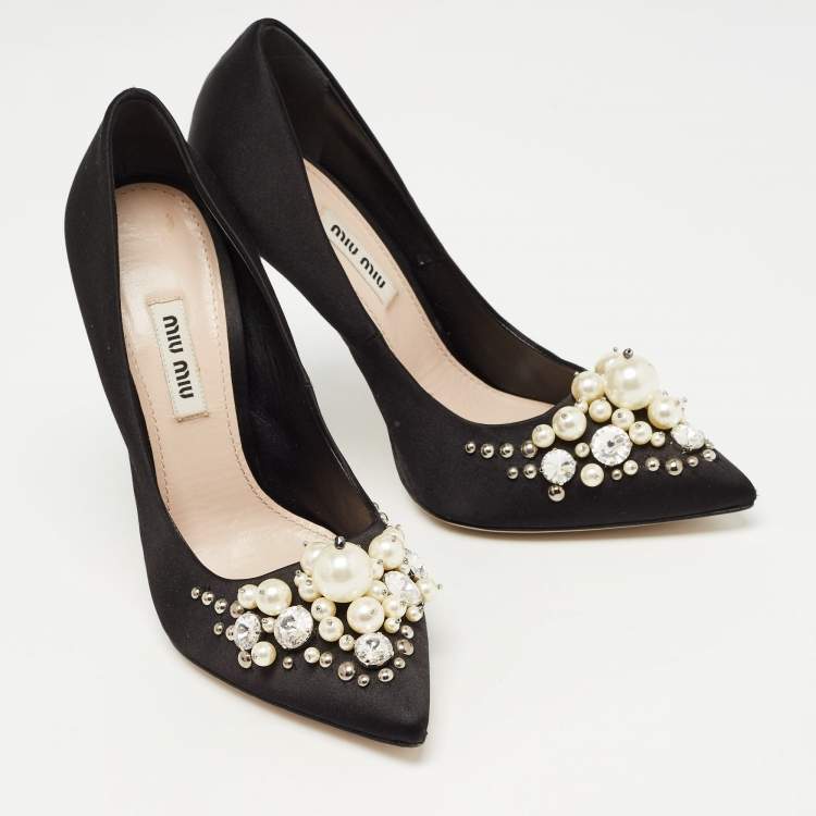 Pre Owned Miu Miu Black Satin Crystal Embellished Pumps Size 37