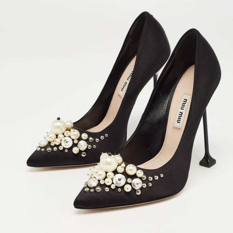 Miu Miu Black Satin Crystal Embellished Pumps Size 37 Miu