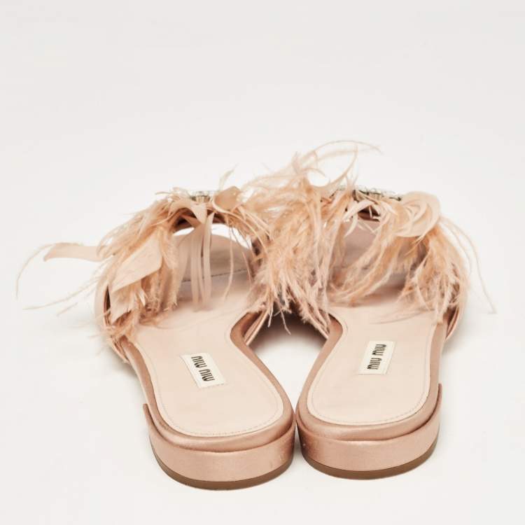 Pre Owned Miu Miu Beige Satin and Feathers Crystal Embellished Flat Slides Size 39