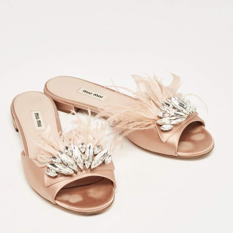 Pre Owned Miu Miu Beige Satin and Feathers Crystal Embellished Flat Slides Size 39