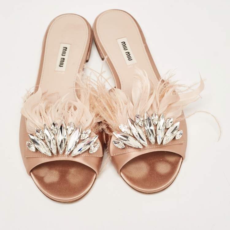 Pre Owned Miu Miu Beige Satin and Feathers Crystal Embellished Flat Slides Size 39
