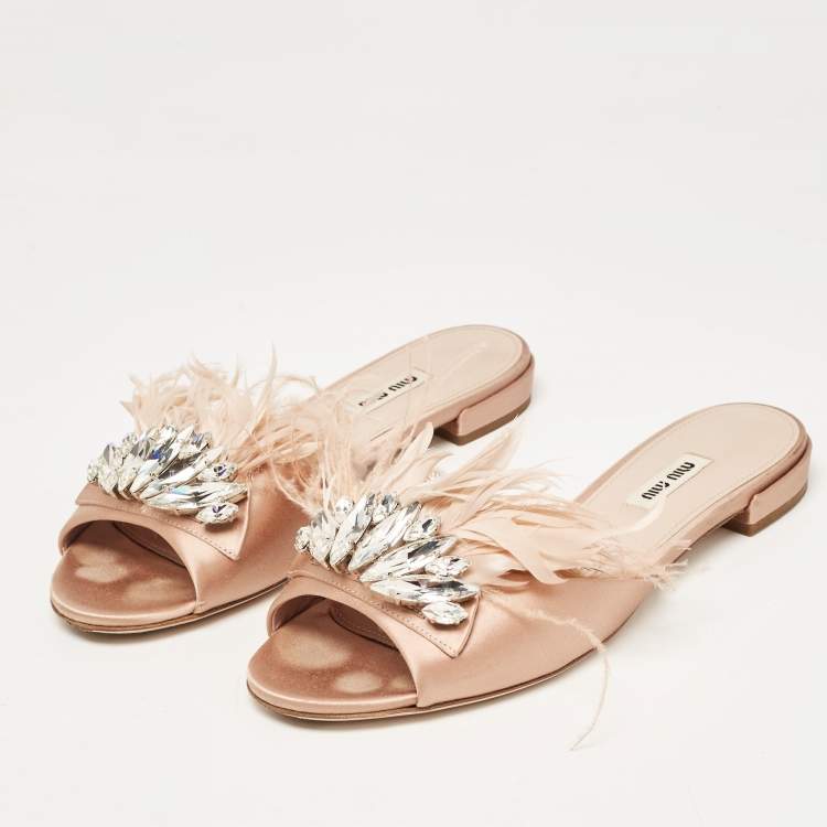 Pre Owned Miu Miu Beige Satin and Feathers Crystal Embellished Flat Slides Size 39