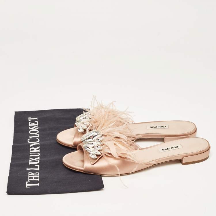 Pre Owned Miu Miu Beige Satin and Feathers Crystal Embellished Flat Slides Size 39