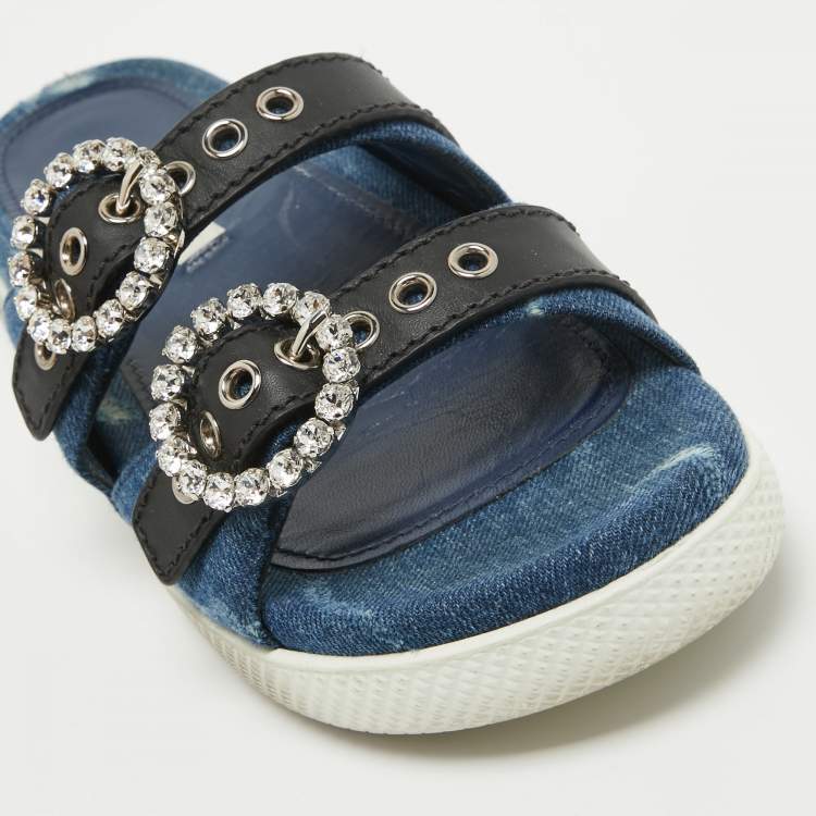 مملوكة مسبقًا Miu Miu Navy Blue/Black Denim and Leather Crystal Embellished Flat Slides Size 37
