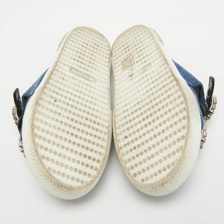 مملوكة مسبقًا Miu Miu Navy Blue/Black Denim and Leather Crystal Embellished Flat Slides Size 37