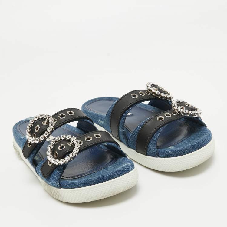 مملوكة مسبقًا Miu Miu Navy Blue/Black Denim and Leather Crystal Embellished Flat Slides Size 37
