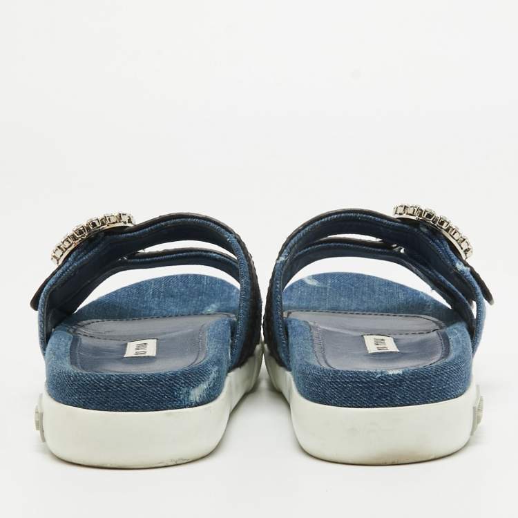 مملوكة مسبقًا Miu Miu Navy Blue/Black Denim and Leather Crystal Embellished Flat Slides Size 37
