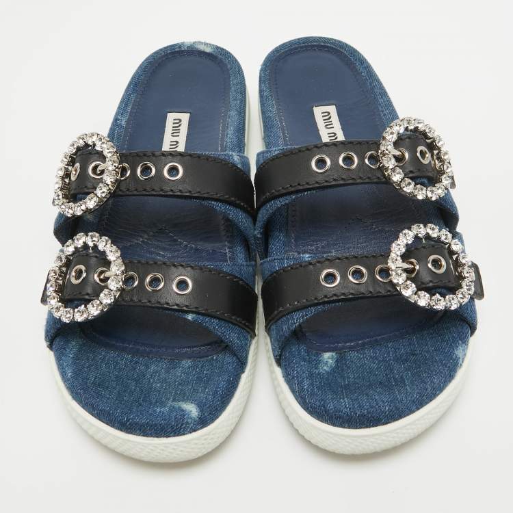 مملوكة مسبقًا Miu Miu Navy Blue/Black Denim and Leather Crystal Embellished Flat Slides Size 37