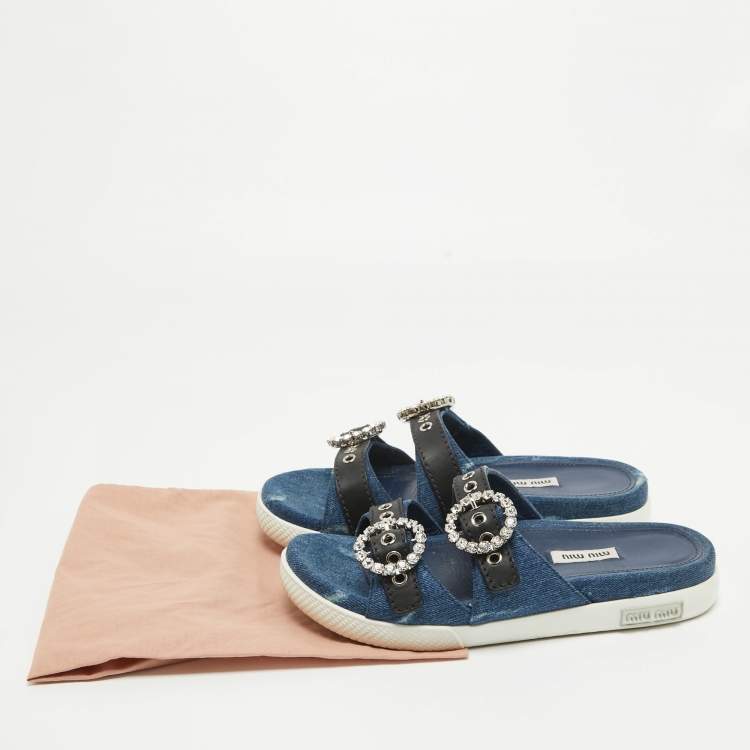 مملوكة مسبقًا Miu Miu Navy Blue/Black Denim and Leather Crystal Embellished Flat Slides Size 37