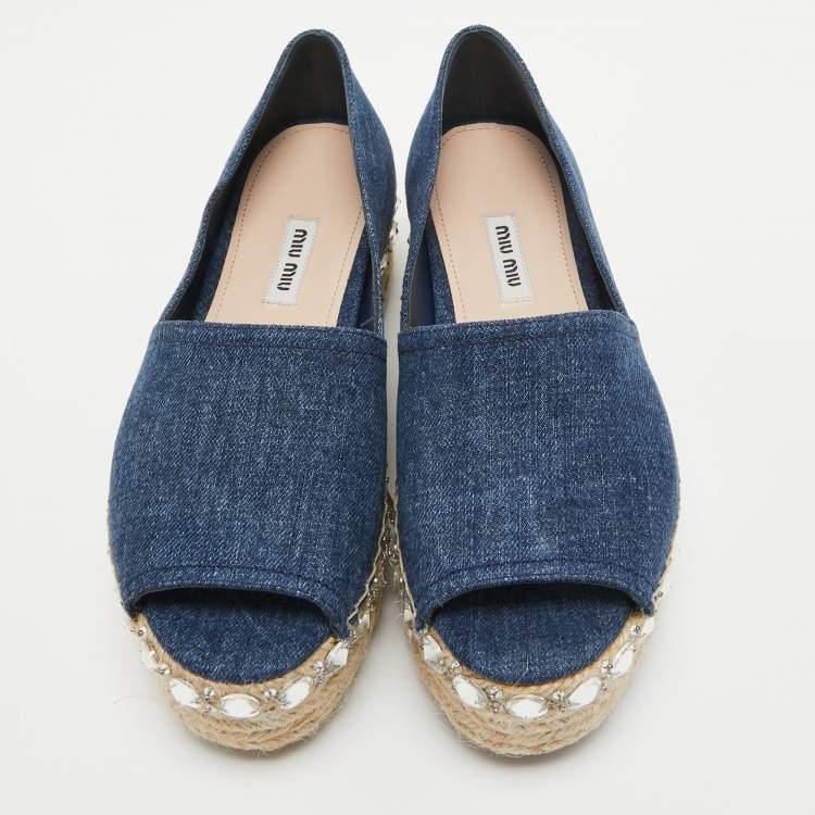 Pre Owned Miu Miu Blue Denim Crystal Embellished Platform Espadrille Flats Size 38