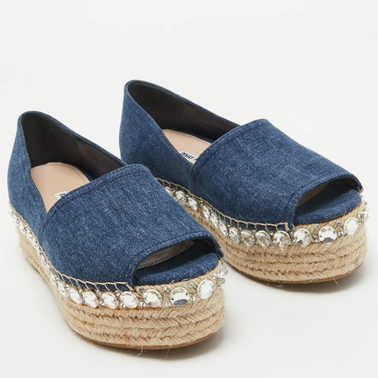 Pre Owned Miu Miu Blue Denim Crystal Embellished Platform Espadrille Flats Size 38
