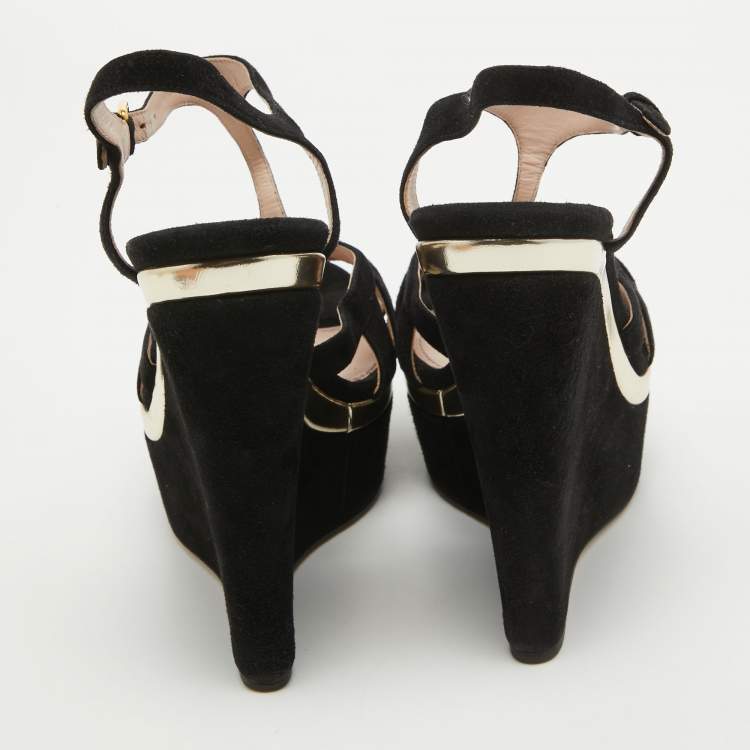 Pre Owned Miu Miu Black Suede T-Strap Platform Wedge Sandals Size 40