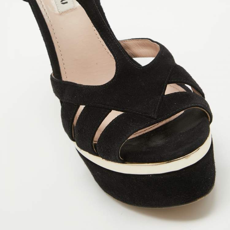 Pre Owned Miu Miu Black Suede T-Strap Platform Wedge Sandals Size 40