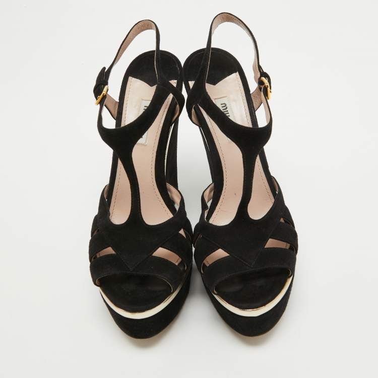 Pre Owned Miu Miu Black Suede T-Strap Platform Wedge Sandals Size 40