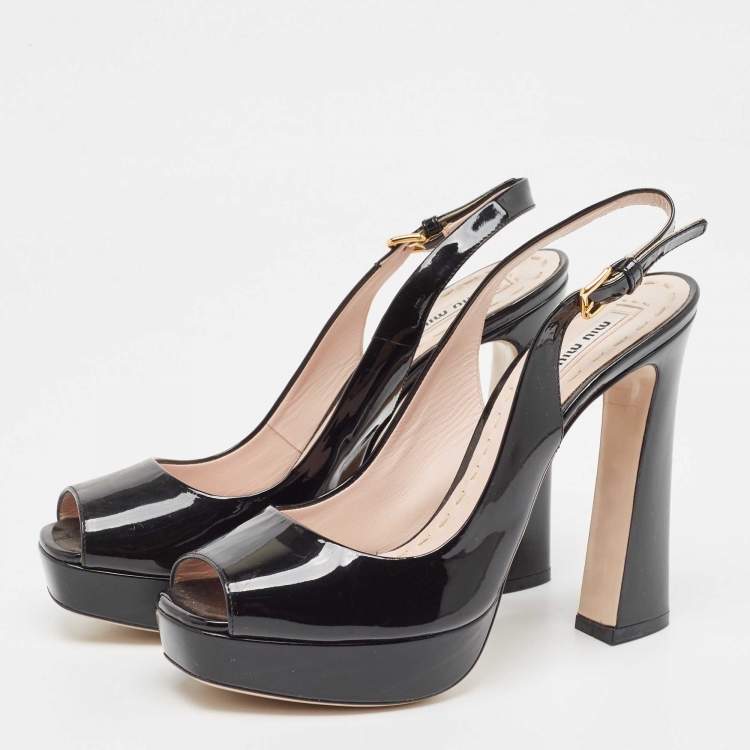 Pre Owned Miu Miu Black Patent Leather Open Toe Platform Slingback Pumps Size 39