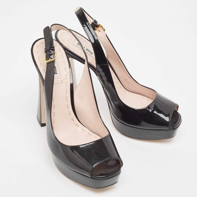 Pre Owned Miu Miu Black Patent Leather Open Toe Platform Slingback Pumps Size 39