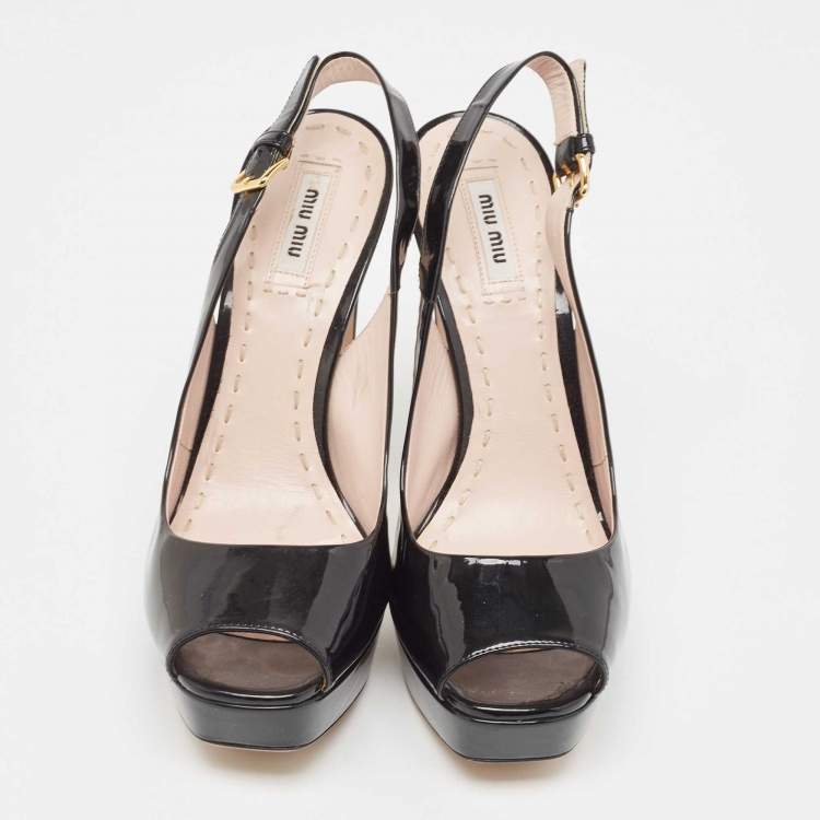 Pre Owned Miu Miu Black Patent Leather Open Toe Platform Slingback Pumps Size 39