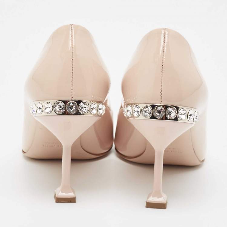 Pre Owned Miu Miu Beige Patent Leather Crystal Embellished Pointed Toe Pumps Size 37
