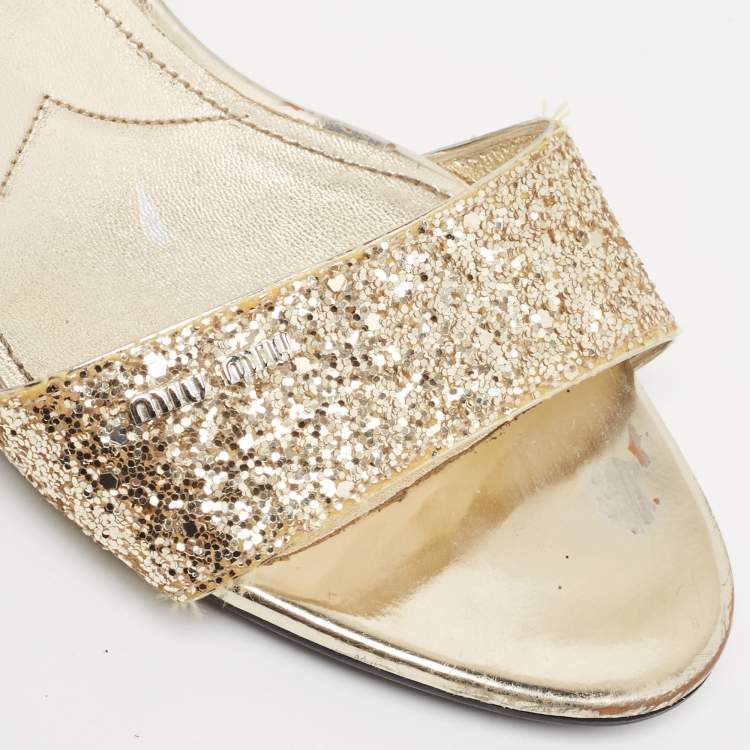 Pre Owned Miu Miu Gold Coarse Glitter and Patent Ankle Strap Sandals Size 38
