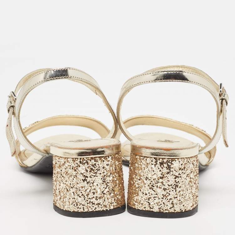 Pre Owned Miu Miu Gold Coarse Glitter and Patent Ankle Strap Sandals Size 38