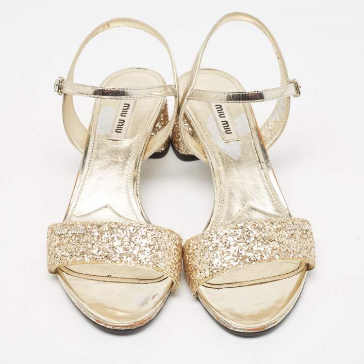 Pre Owned Miu Miu Gold Coarse Glitter and Patent Ankle Strap Sandals Size 38