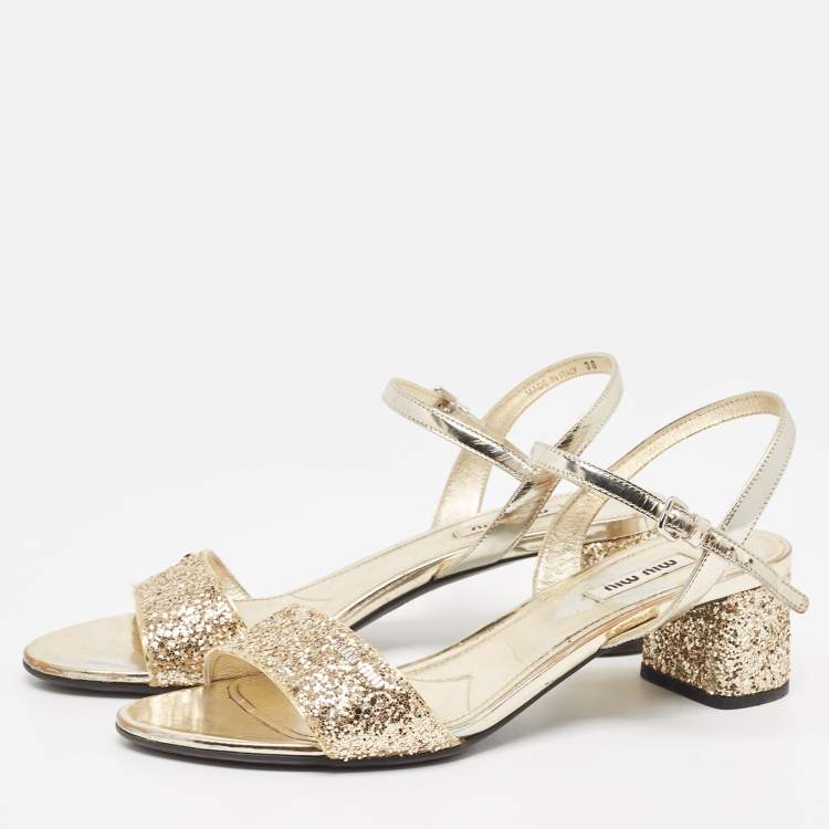 Pre Owned Miu Miu Gold Coarse Glitter and Patent Ankle Strap Sandals Size 38
