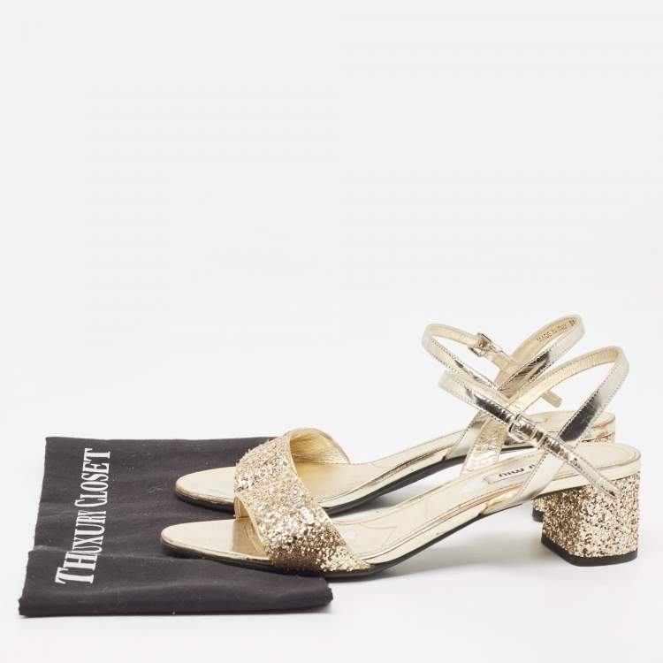 Pre Owned Miu Miu Gold Coarse Glitter and Patent Ankle Strap Sandals Size 38